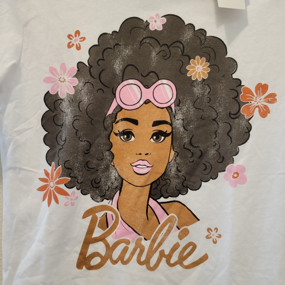 Black Barbie White Graphic T-Shirt Flower Power Womens XS - Picture 2 of 3